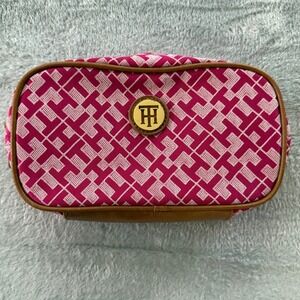 Tommy Hilfiger Pink Logo Pattern Cosmetic Bag Travel Pouch Faux Leather Trim